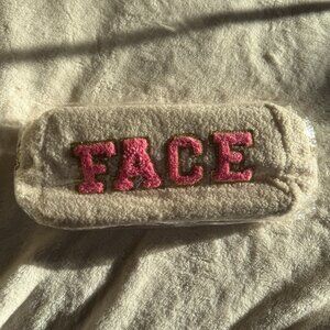 NWT, Chenille Letter Preppy Patches Travel Bag, "FACE" Pouch, Cream with Pink